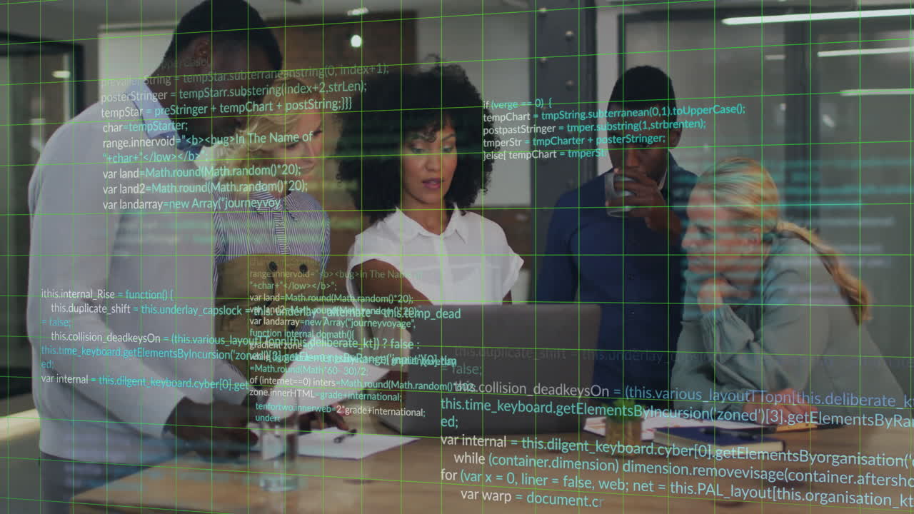 Animation of financial data processing over diverse business people in office