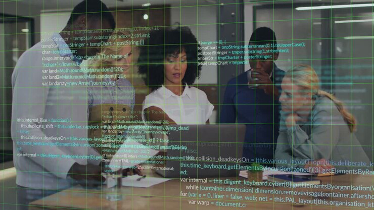 Animation of financial data processing over diverse business people in office