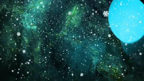 animation of snowflakes falling over swirling green and blue abstract background
