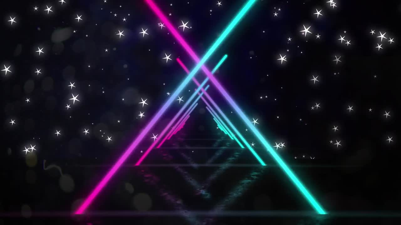 밤하늘의 물선과 별 위에 움직이는 다채로운 기하학적 모양의 애니메이션