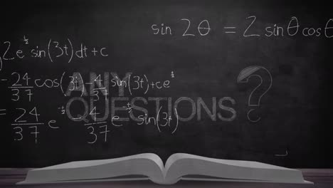 animation of any questions text over book and mathematical equations