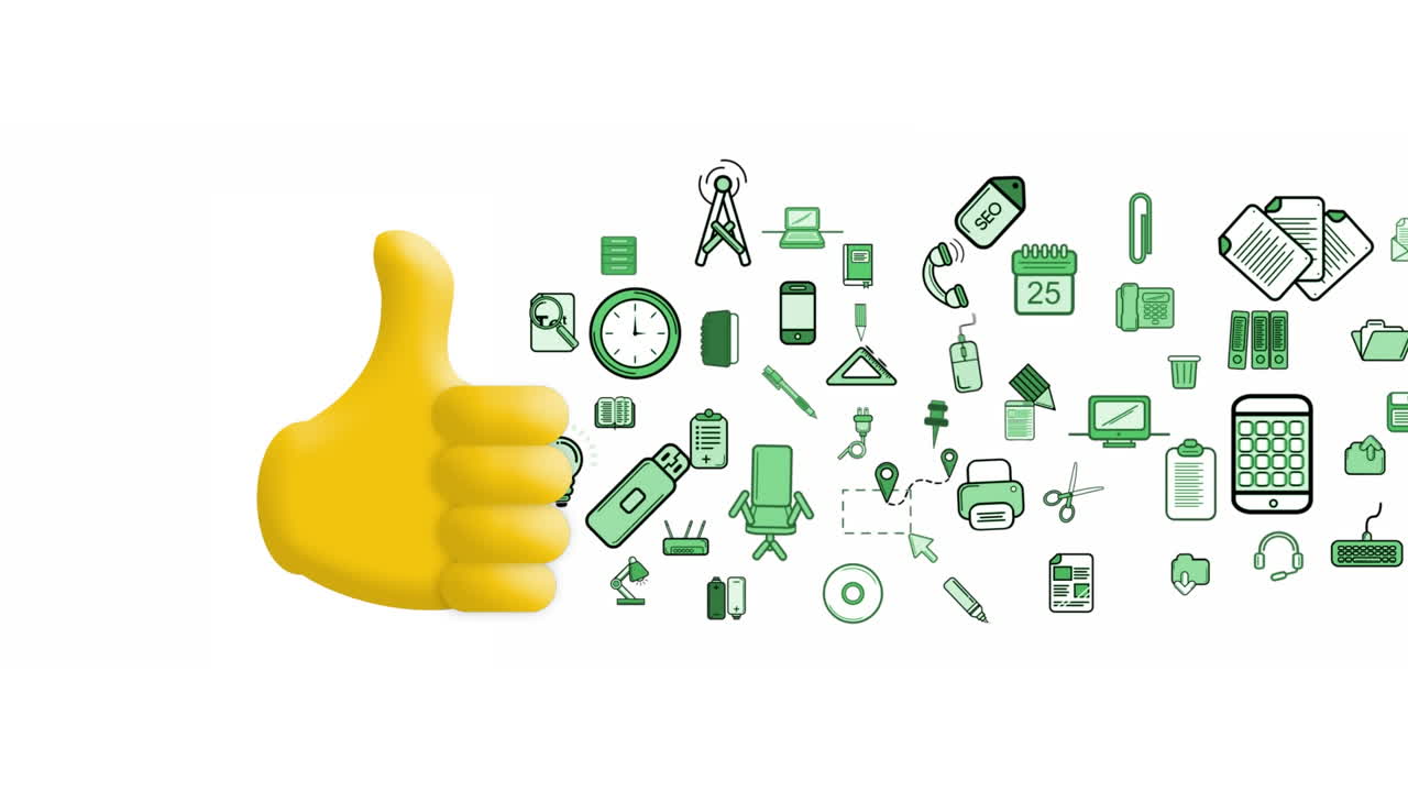 Animation of thumbs up and office equipment emoji icons over white background