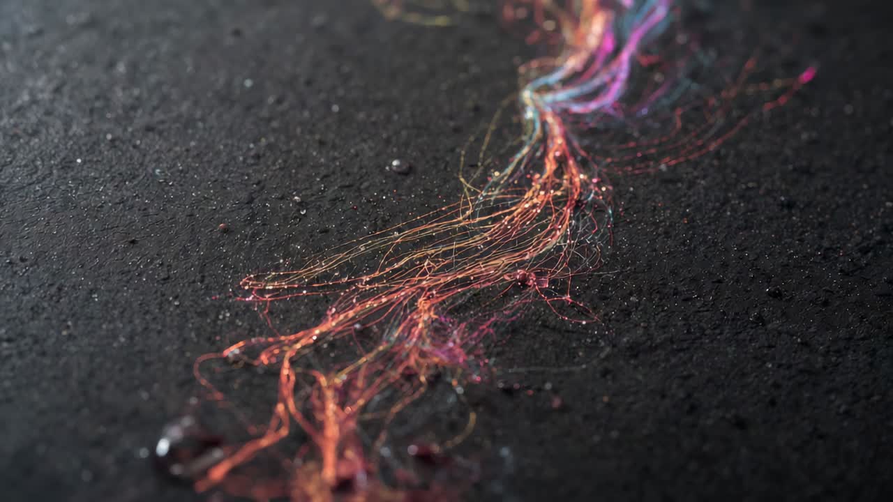 Flowing multicolor filaments rising rightward on coarse stone surface, tracing sparkling beads
