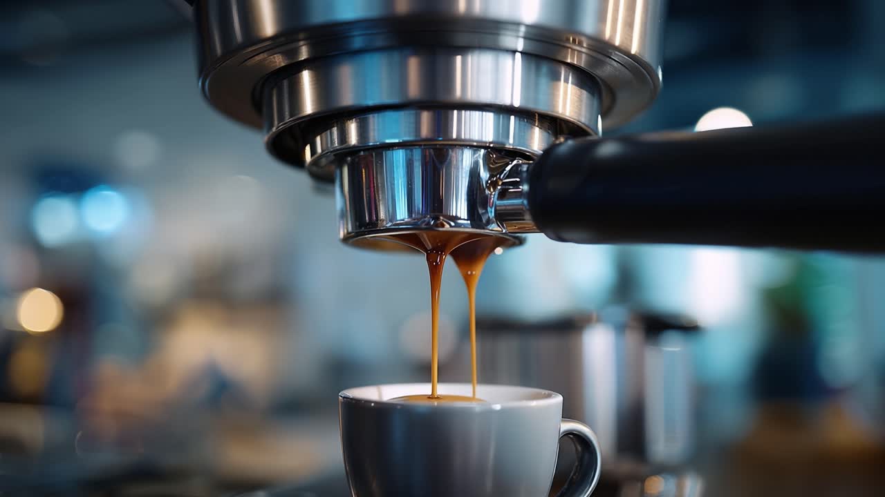 Espresso scuro gocciola in una tazza lucida. La macchina da caffè in metallo ronza con silenziosa precisione. Un morbido effetto bokeh sfuma delicatamente lo sfondo. Nessun volto, nessuna fretta, solo attenzione alla preparazione. Perfetto per scene da bar.