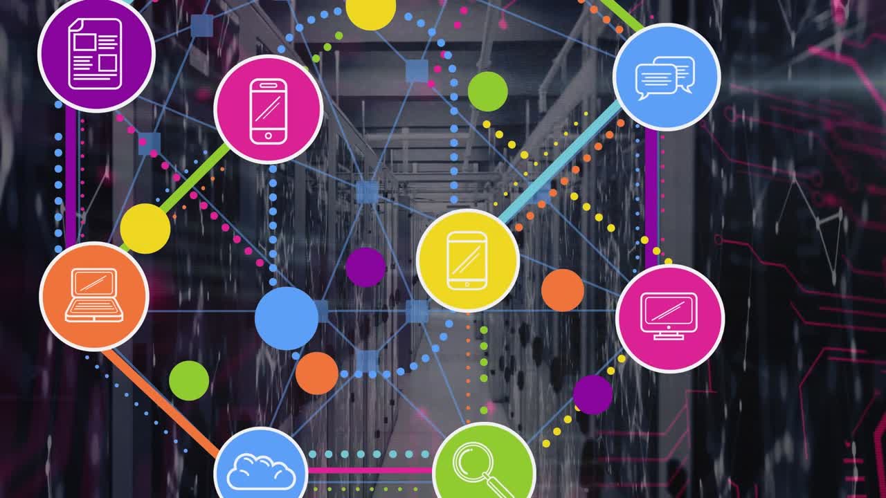 Animazione di una rete di connessioni con icone sopra una server room