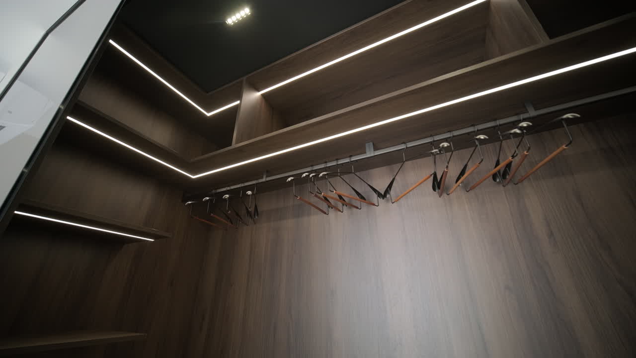 Modern Empty Wooden Closet with LED Lighting and Hangers