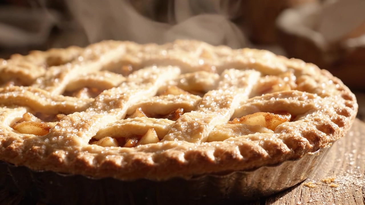 Deliziosa torta di mele appena sfornata con una crosta dorata e un aroma fumante, perfetta da condividere con famiglia e amici durante qualsiasi celebrazione o riunione.