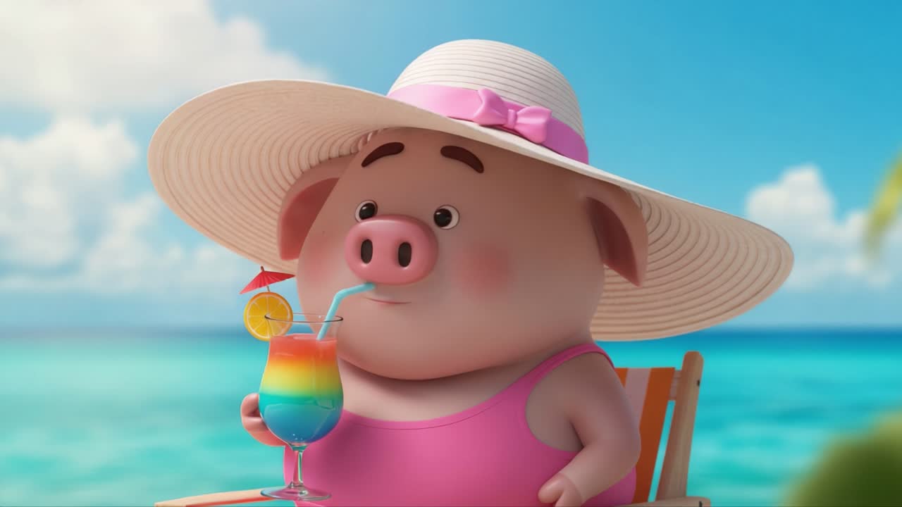 A cheerful cartoon pig enjoying a refreshing rainbow drink on a sunny beach, nestled in a comfy chair while sporting a stylish sun hat, a perfect summer scene