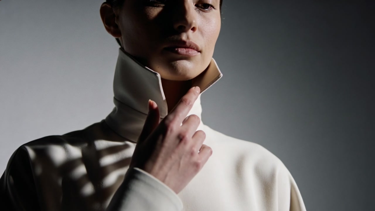 Vertical video: Chin lowering model refining high collar on cream coat in rim-lit studio by hand