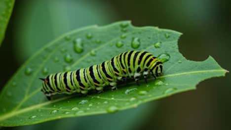 a close-up view of a vibrantly colored caterpillar crawling on a leaf, highlighting nature's intricate patterns and details in a rain-drenched environment