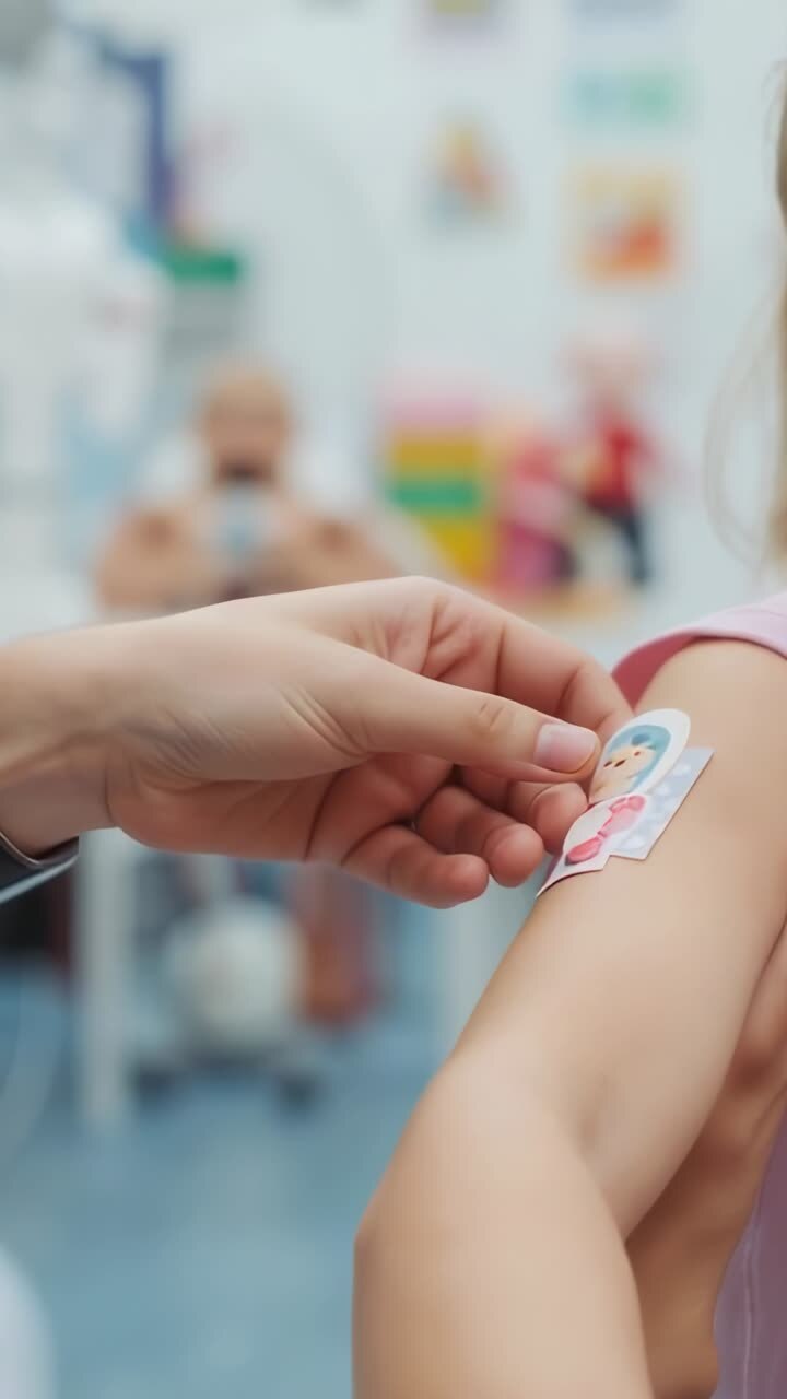 Vertical video: Placing sticker onto child arm as adult reaching in at clinic, pink tee, copy space
