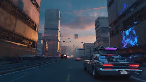 futuristic city street with modified cars and flying vehicles at dusk
