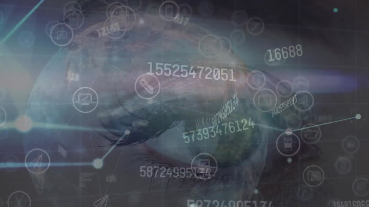 Animation of data processing over caucasian female's eye