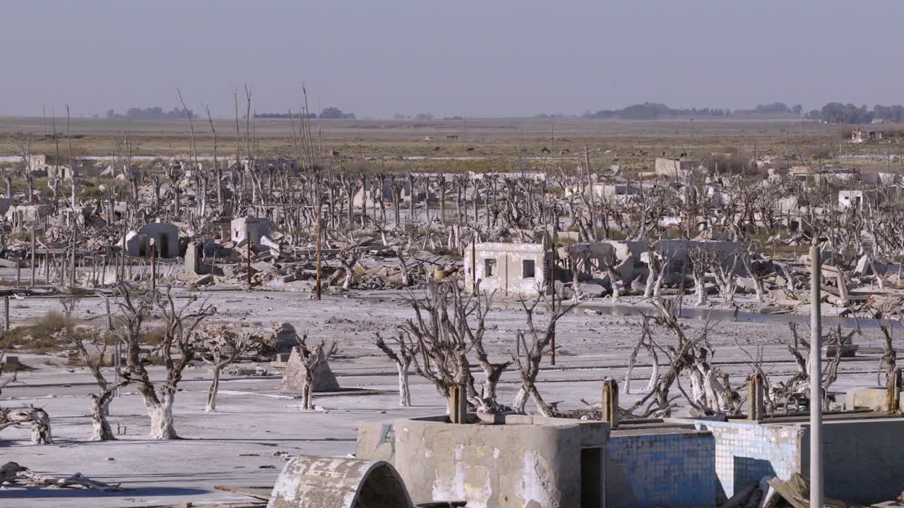 Dramatic drone shot from Villa Epecuén abandoned small village ruins destroyed in 1985, Province of Buenos Aires, Argentina