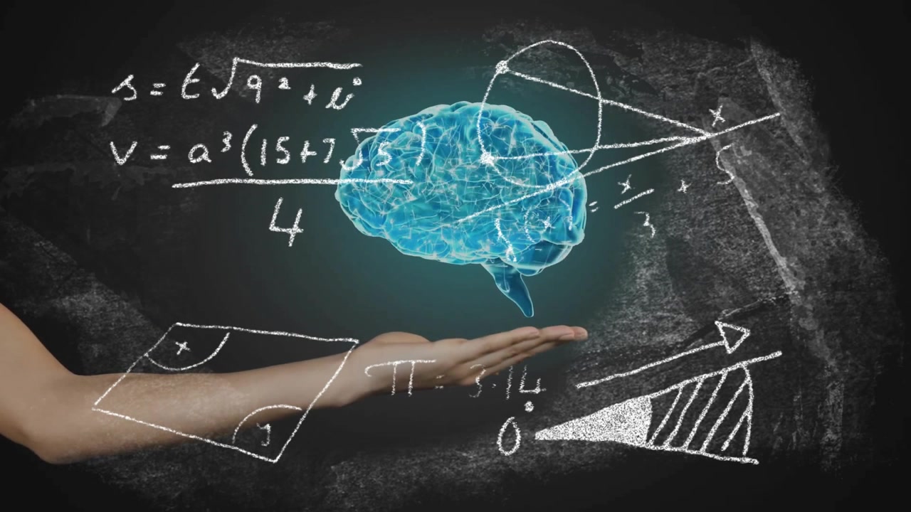 Chalk equations finishing, arm extending left summoning Earth hologram morphing into rotating brain