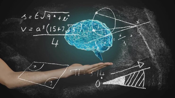 Chalk equations finishing, arm extending left summoning Earth hologram morphing into rotating brain