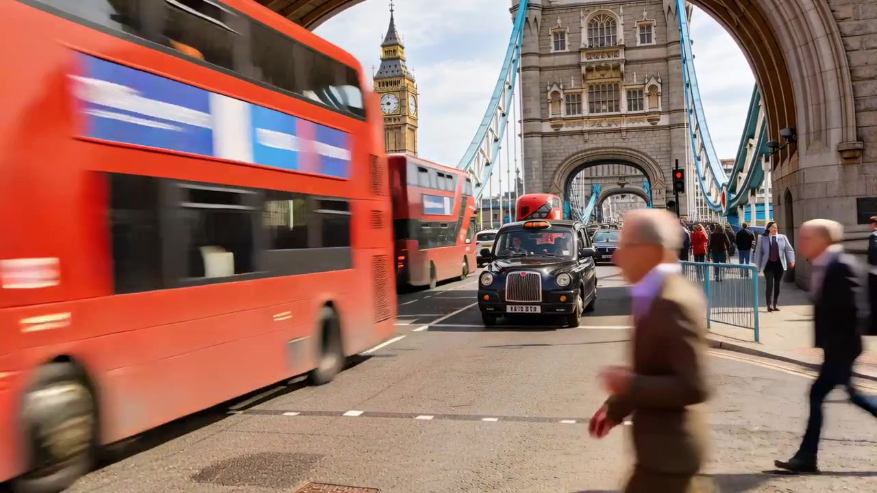 Light turning green, red buses and black taxi moving through Tower Bridge workers in suits crossing
