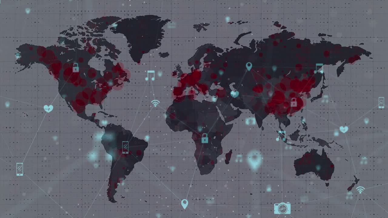 video compuesto digital de la red de conexiones con iconos de interfaz contra el mapa del mundo