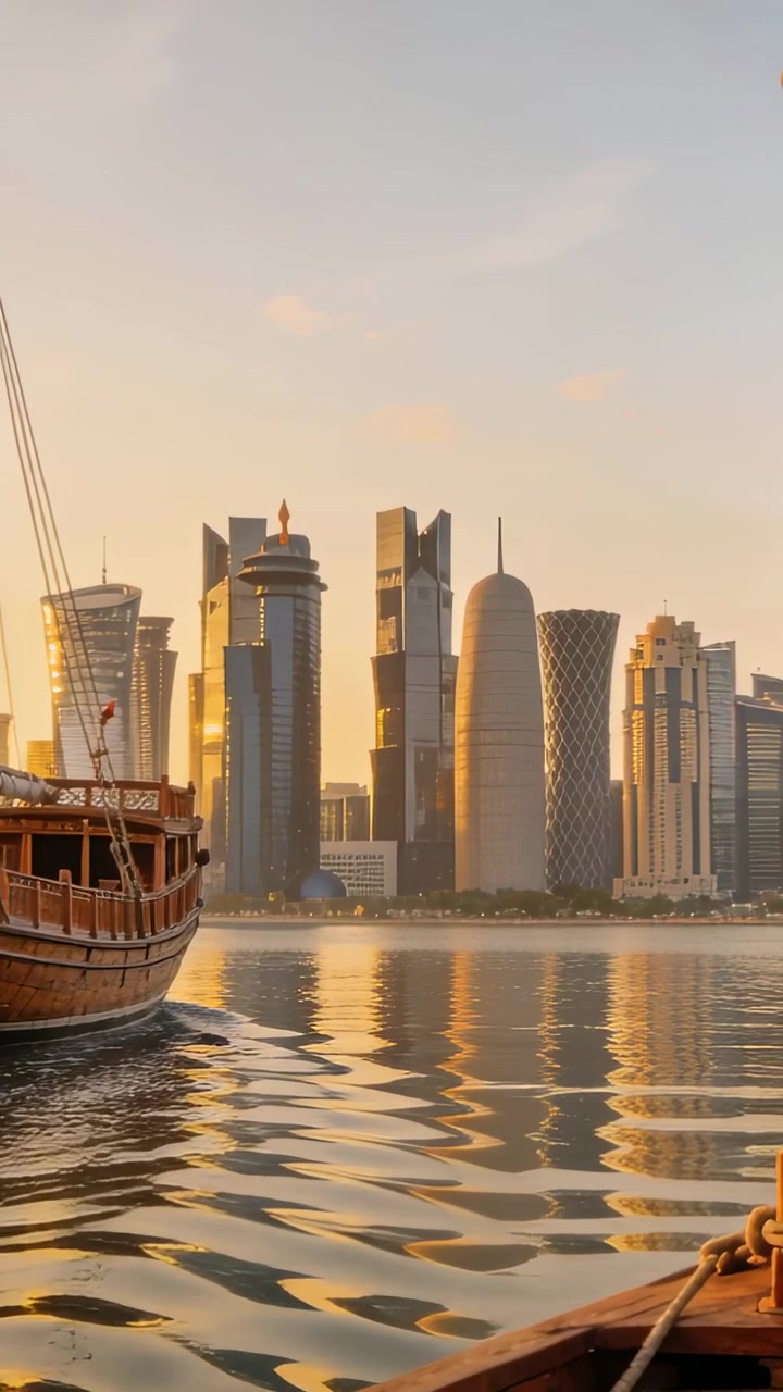Vertikal video: Båt som beveger seg forbi tre-dhow i bukten, viser kveilet tau og skyline, plass til tekst