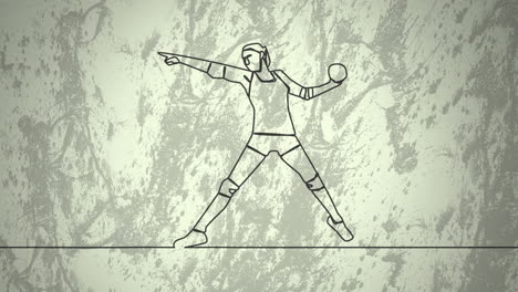 animación de dibujo de una jugadora de balonmano lanzando pelota y formas sobre fondo blanco
