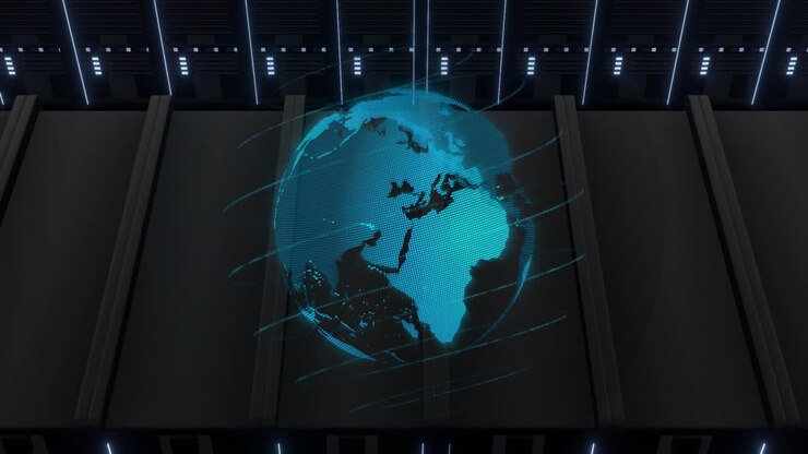 Animation of globe and data processing over black background