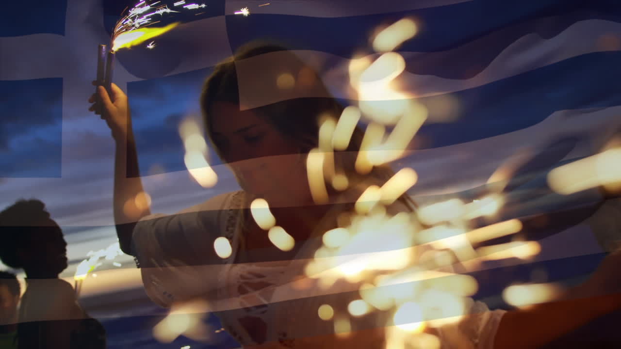 해변에서 재미있는 반 ⁇ 불을 가진 친구 그룹 위에 그리스의  ⁇ 발을 흔드는 애니메이션