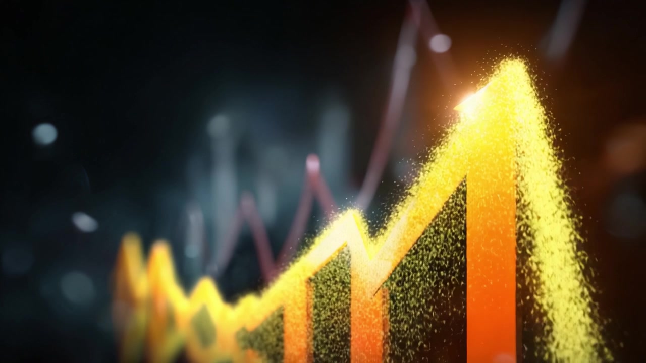 Dynamisk vækstvisualisering: En fremvisning af finansiel fremgang med trendende grafer og levende farver, der repræsenterer markedsudsving og analytiske indsigter.