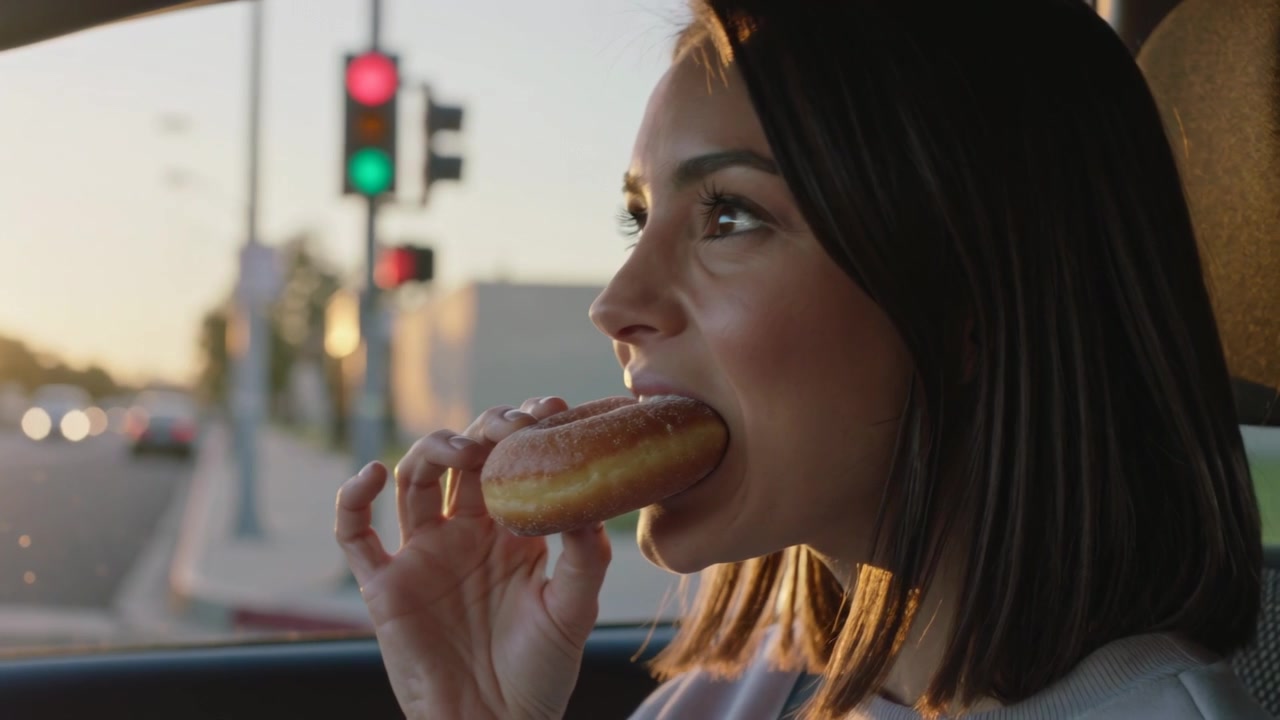 Woman taking bite from glazed donut as car stopping at traffic light, savoring, wearing light top