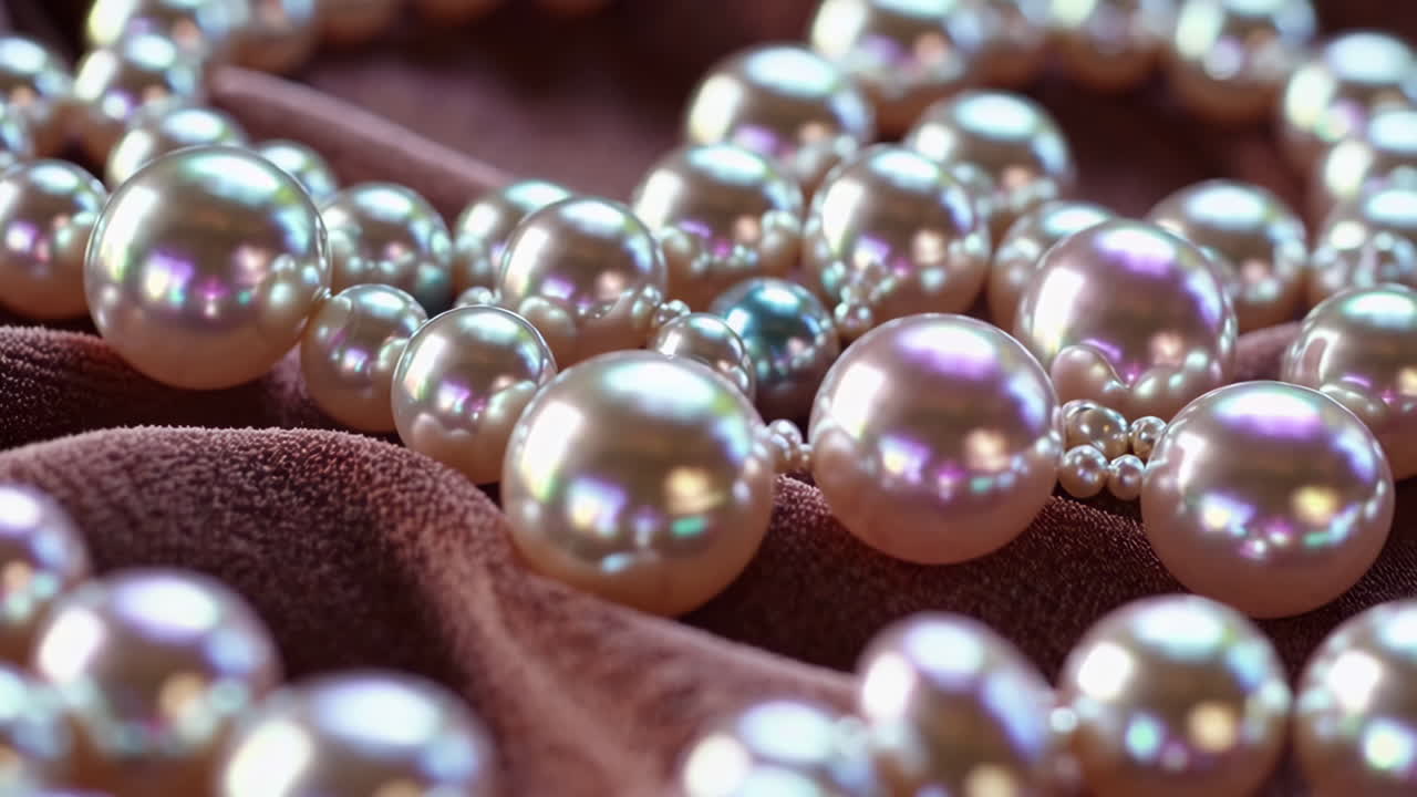 Close-up of a pearl necklace on velvet fabric