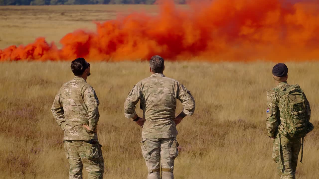 Three soldiers in camouflage observe a large cloud of bright orange smoke during a field training exercise at Ginkelse Heide, Ede, Netherlands. Tense moment of tactical preparation in an open field