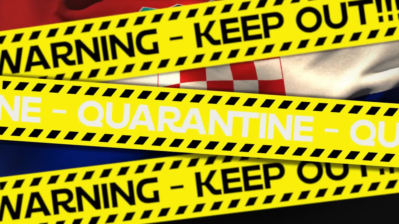 테이프에 쓰여진 격리 및 경고 - 밖으로 나가십시오! 단어의 애니메이션