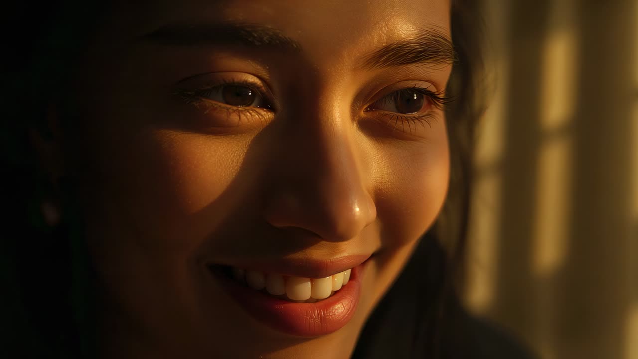Smiling woman in dark top catching warm sunlight at window with blinds, reacting to changing light