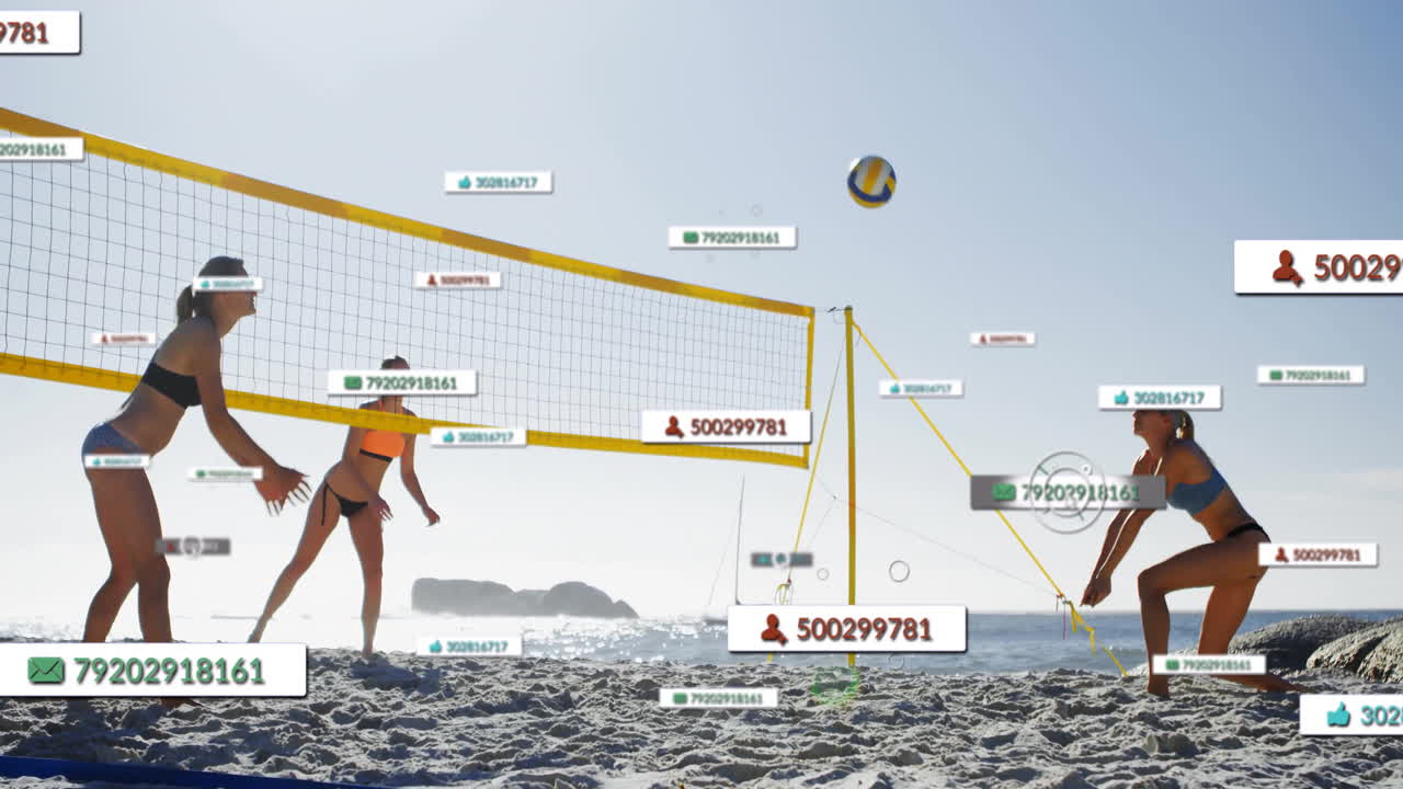 Playing beach volleyball, athletes with animation of digital data tags on equipment