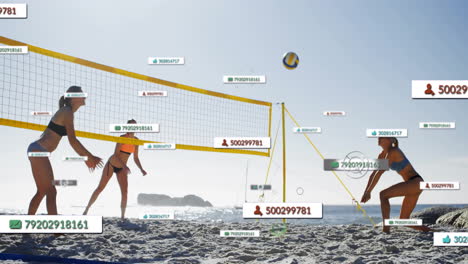playing beach volleyball, athletes with animation of digital data tags on equipment