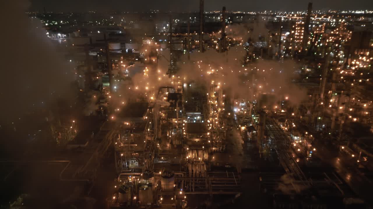 A Brightly Illuminated Oil Refinery Runs Through the Night, its Towers and Pipelines Glowing Against the Dark Sky in Montreal, Canada - Aerial Pullback Shot