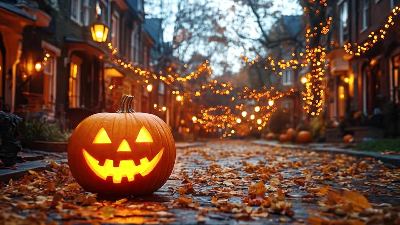 Halloween street scene with pumpkins and festive lights