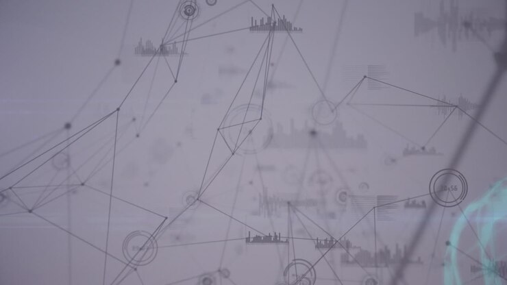 Animation of network of connections with glowing spots over grey background