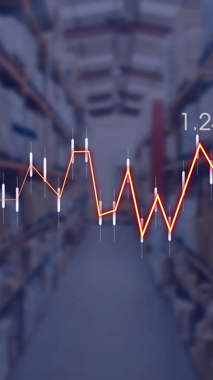 Animazione di elaborazione dati finanziari con statistiche su un magazzino