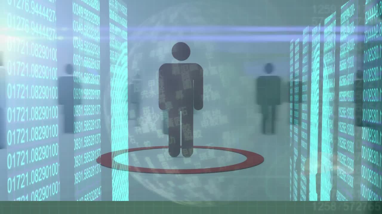 데이터 처리에 대항하는 다수의 디지털 인간 아이콘