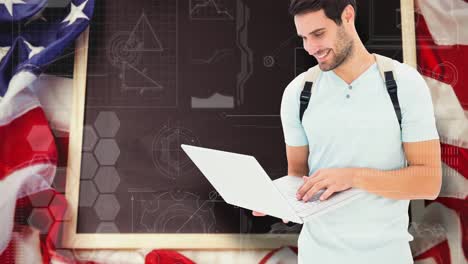animación de un estudiante masculino usando una computadora portátil moviéndose sobre la pizarra y la bandera estadounidense