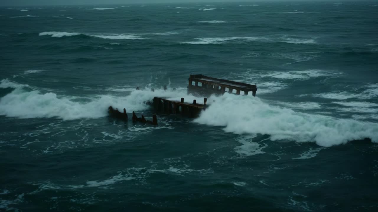 A shipwreck slowly succumbs to the relentless waves of a stormy sea, showcasing nature's power and the inevitable passage of time over forgotten vessels