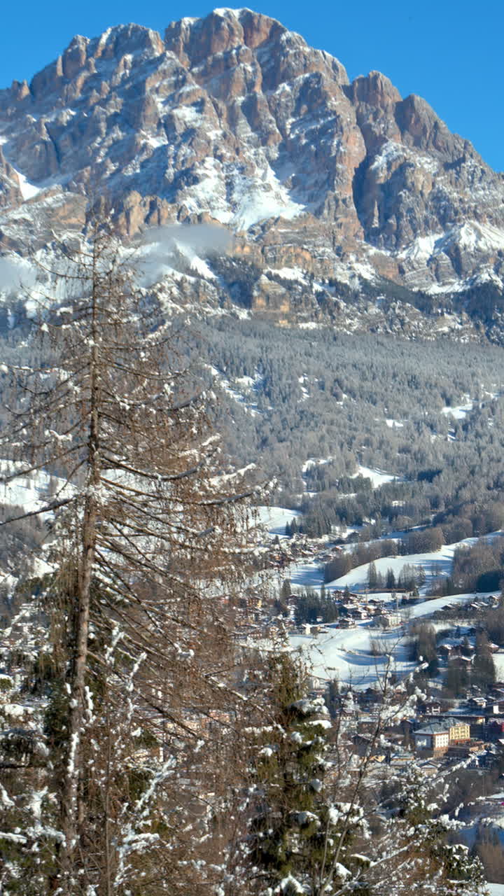 Vista aerea da drone delle case del paese innevate, in Sud Tirolo, nelle Dolomiti. Verticale