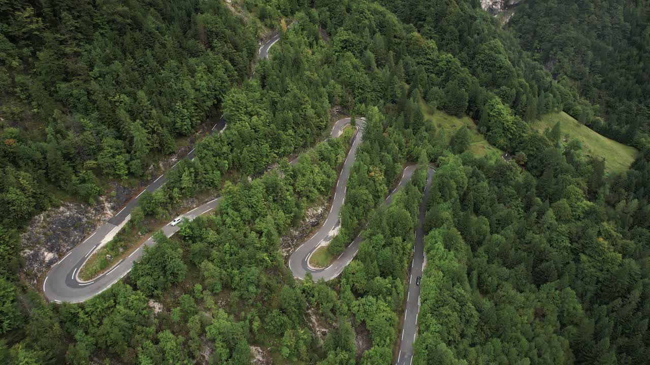 Aerial Panoramic View of Vrsic Pass Winding Road in Slovenia, Julian Alps Valley Nature Landscape
