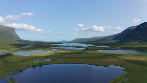 drone shot of sweden wilderness in summer in scandinavia with cloudy sky