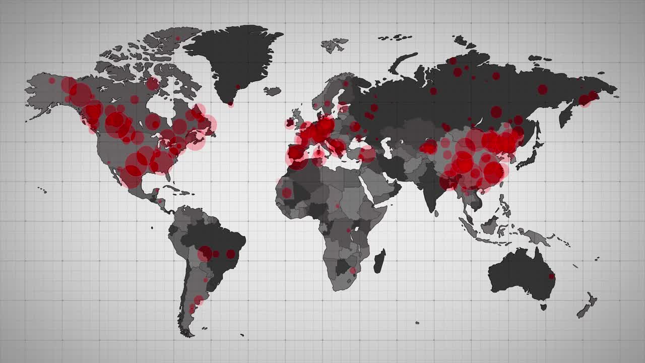 animación del mapa del mundo y los países que se vuelven rojos a través de círculos en un fondo blanco
