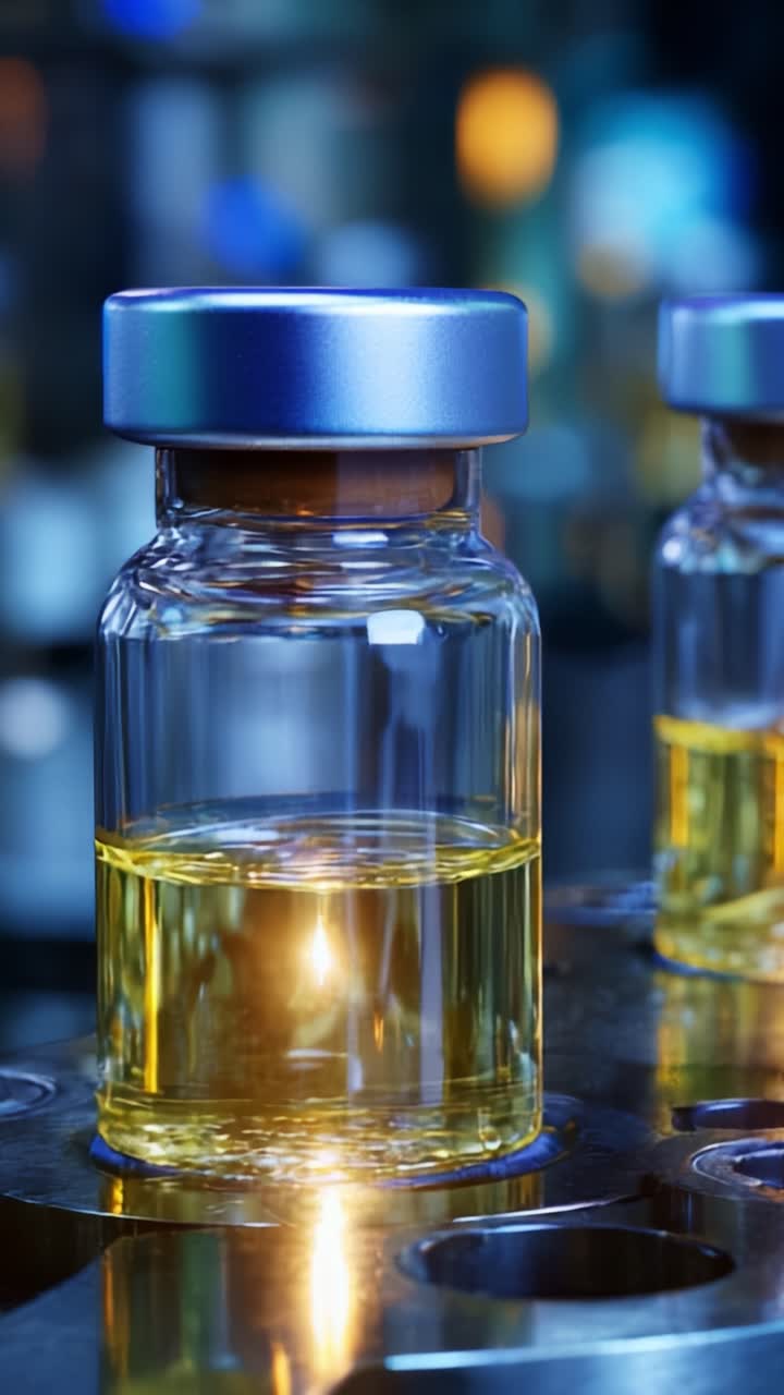 A close-up view of glass vials containing a yellow liquid, illuminated by soft lights, showcasing the detailed reflections and clarity of the contents