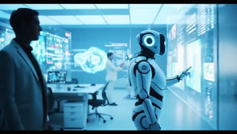 futuristic office scene featuring advanced robots interacting with digital interfaces and professionals in a high-tech environment, emphasizing collaboration between humans and ai