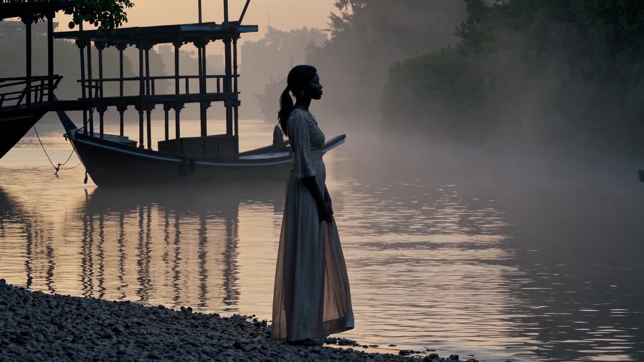 Young woman wearing flowing dress standing on rocky riverbank at dawn, gazing across misty water near traditional wooden boat and weathered pier, embodying tranquil landscape atmosphere