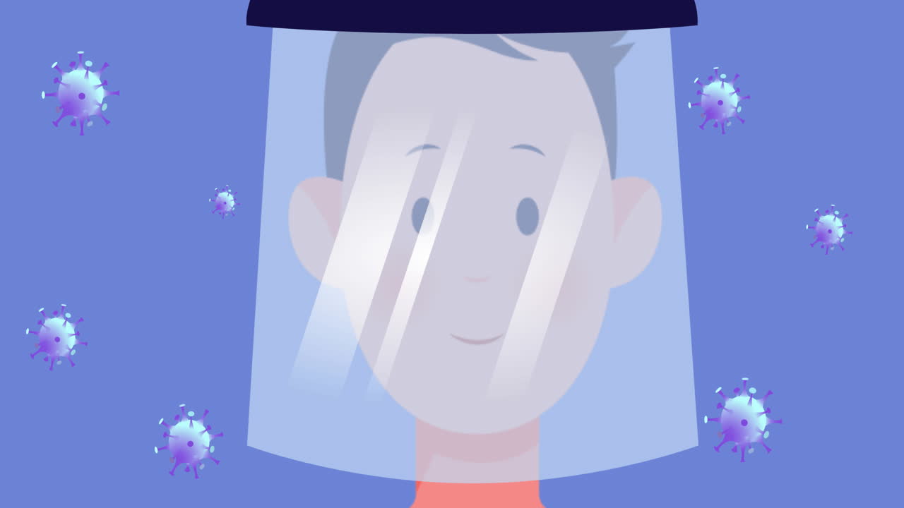 바이러스 세포 위에 얼굴 방패를 쓴 사람의 애니메이션