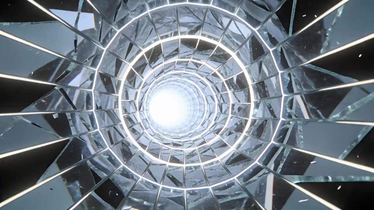 Advancing camera pushing through faceted crystal tunnel toward bright core, rings compressing